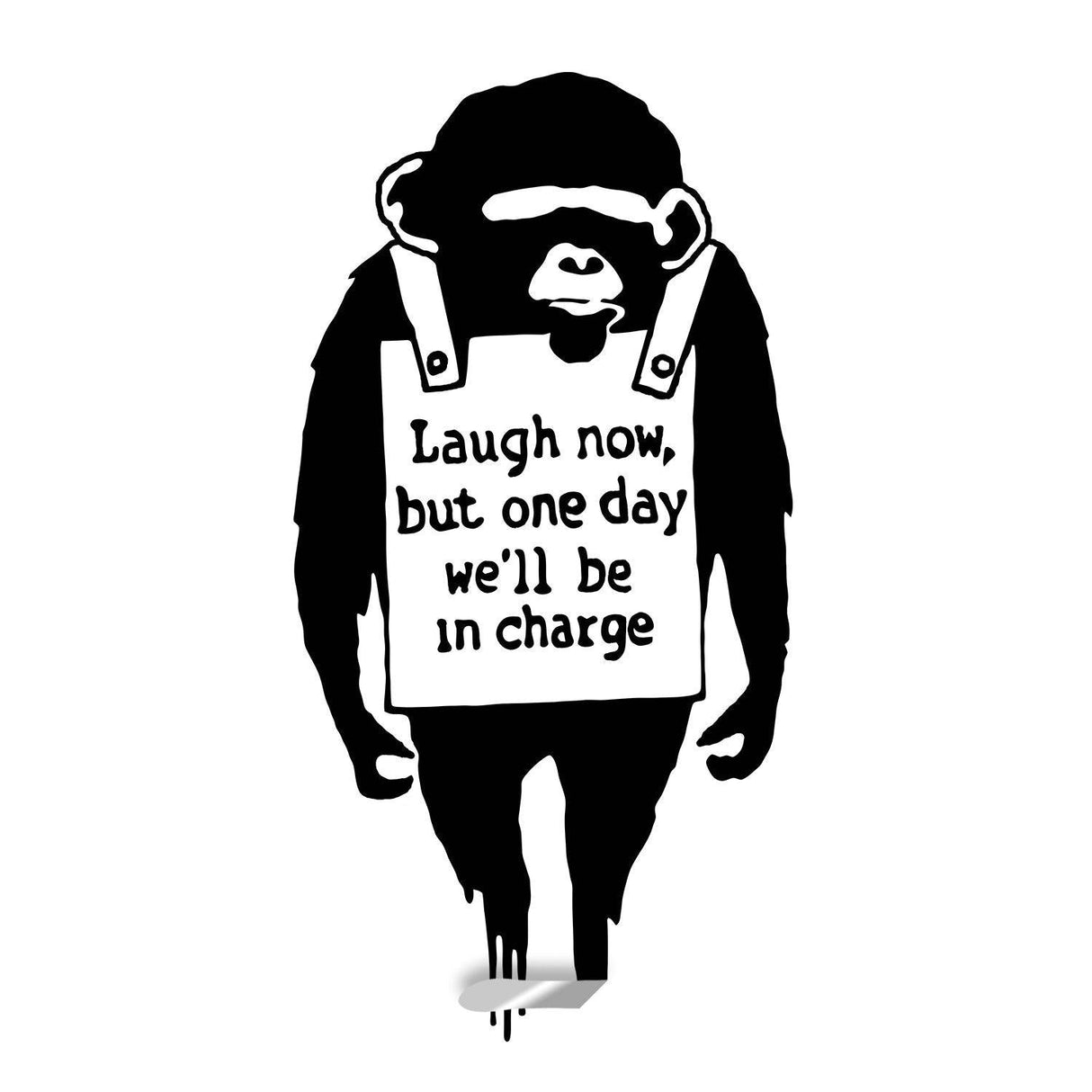 Monkey wall sticker holding a Laugh Now quote sign.