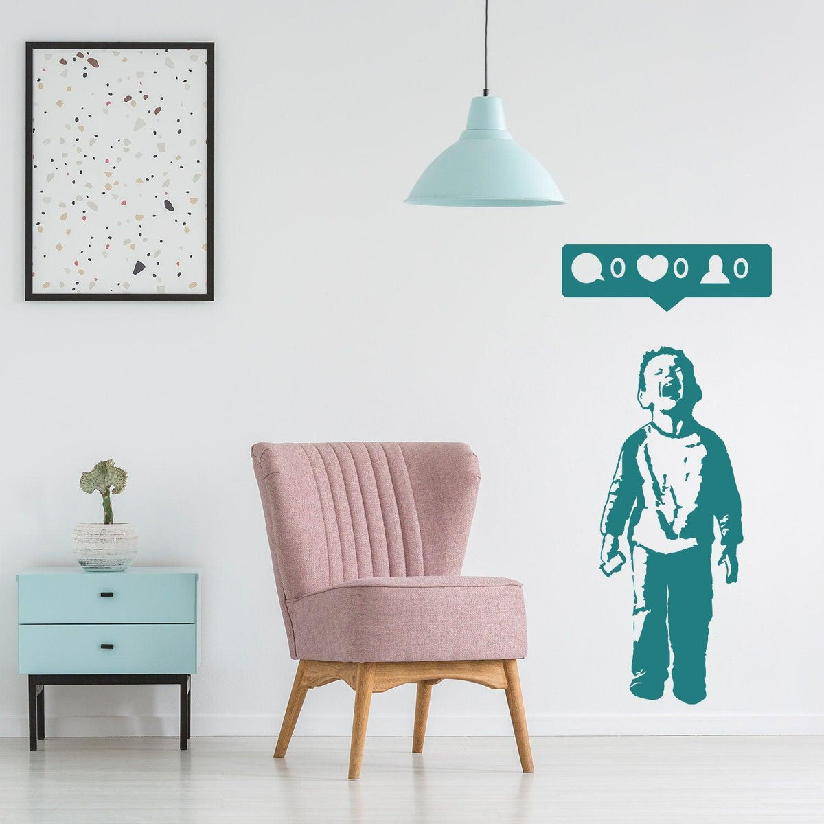 Crying boy with cellphone wall sticker in a modern living room.