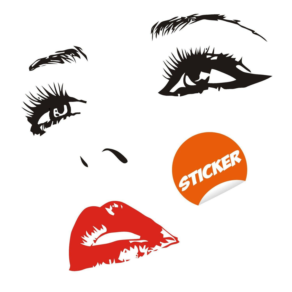 Elegant woman face vinyl sticker design featuring bold eyes and red lips.