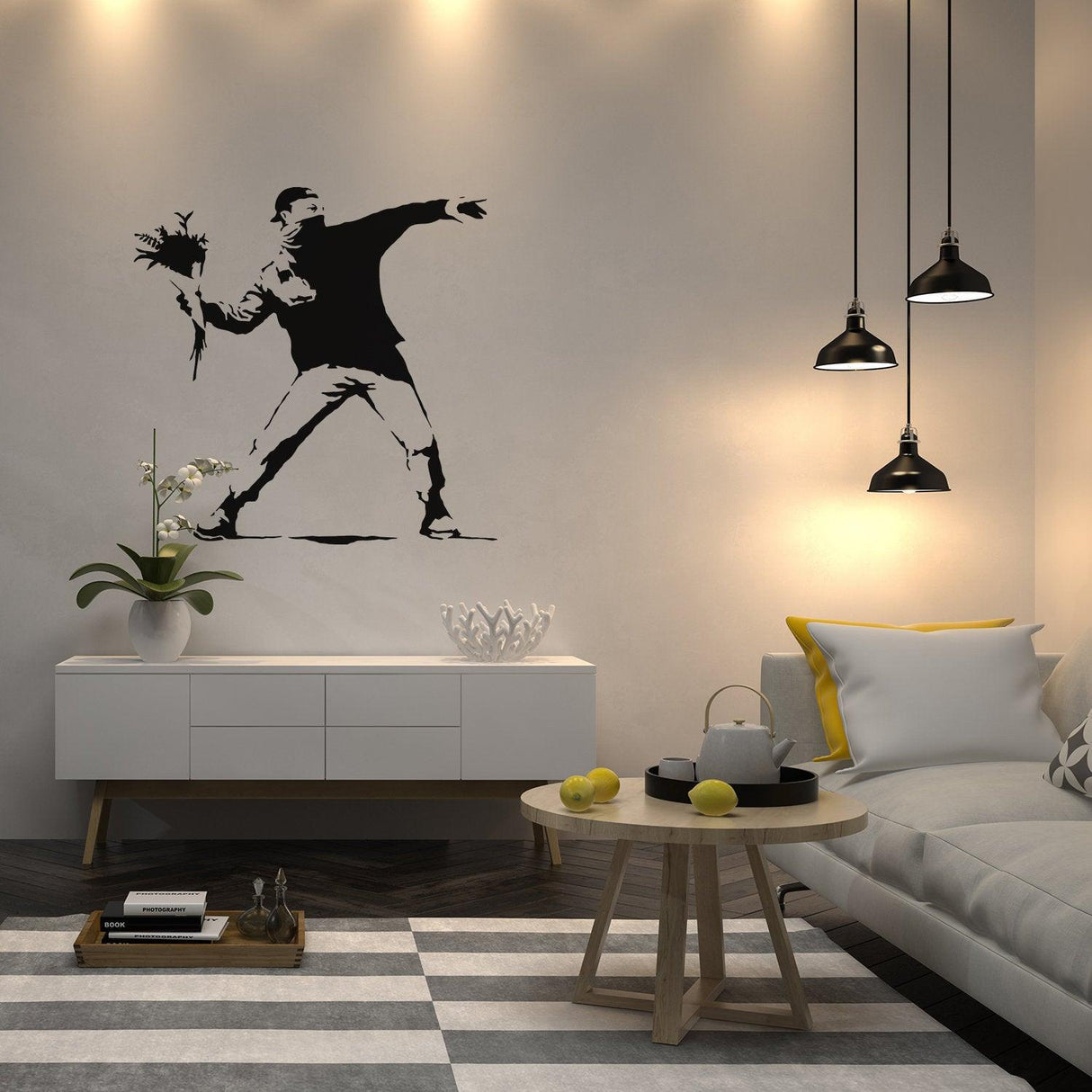 Flower thrower girl wall sticker displayed in a modern living room.