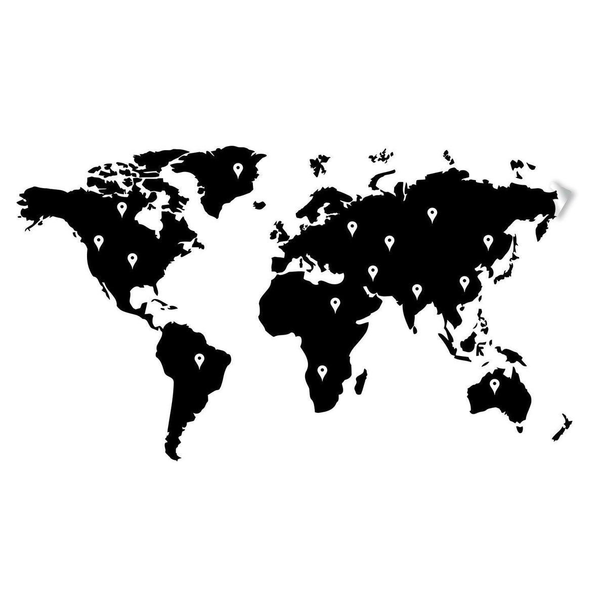 World map vinyl sticker wall art, featuring location markers on a bold black design for unique home decor.