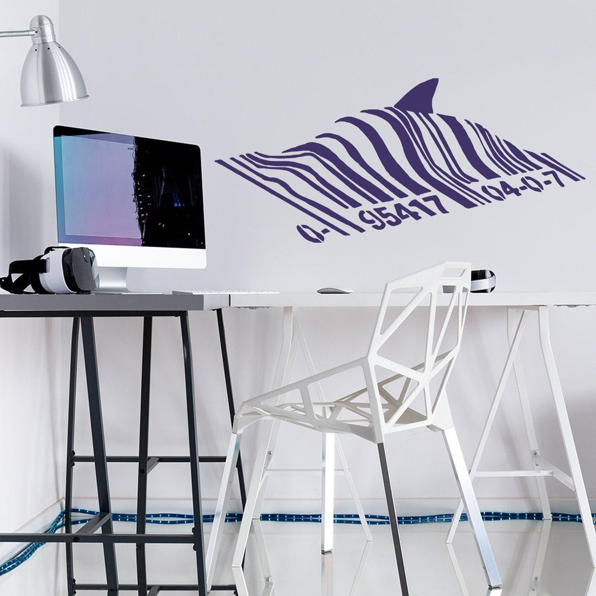 Barcode shark wall sticker displayed in a modern office with desk and chair.