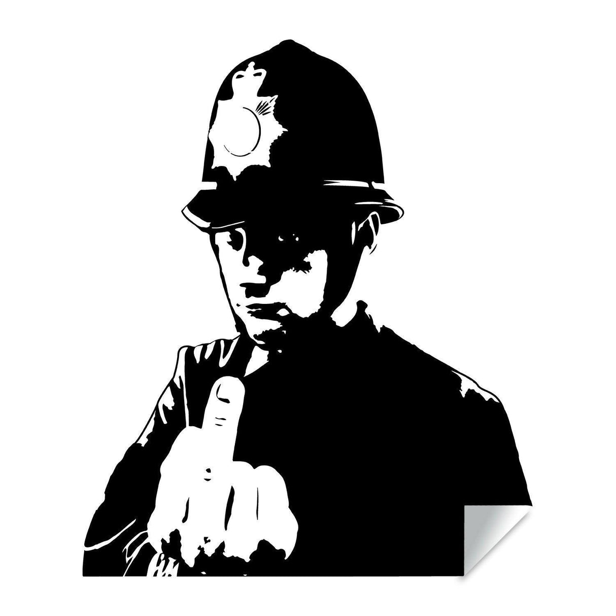 Black-and-white policeman middle-finger street art wall decal.