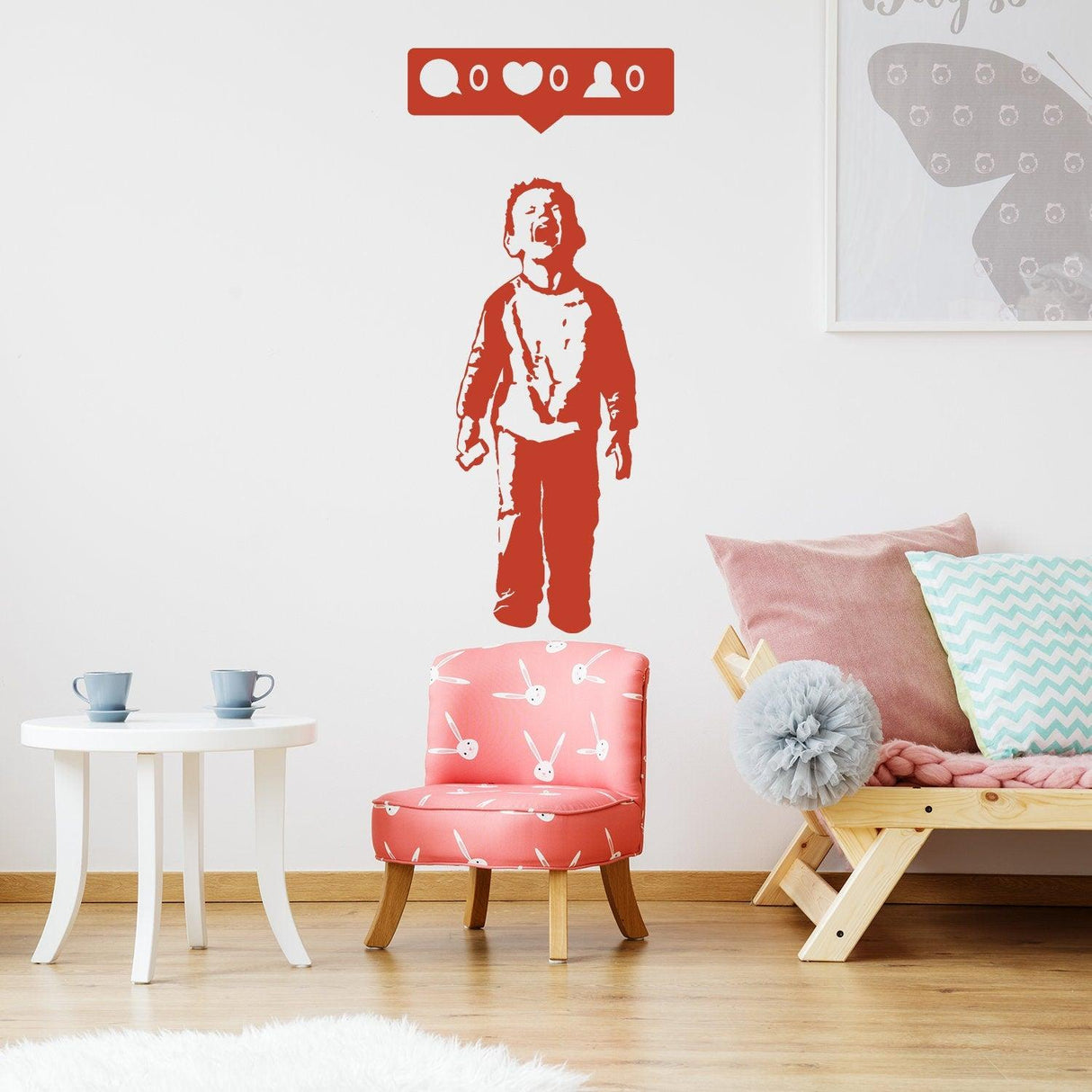 Crying boy with cellphone wall sticker in a colorful modern room.