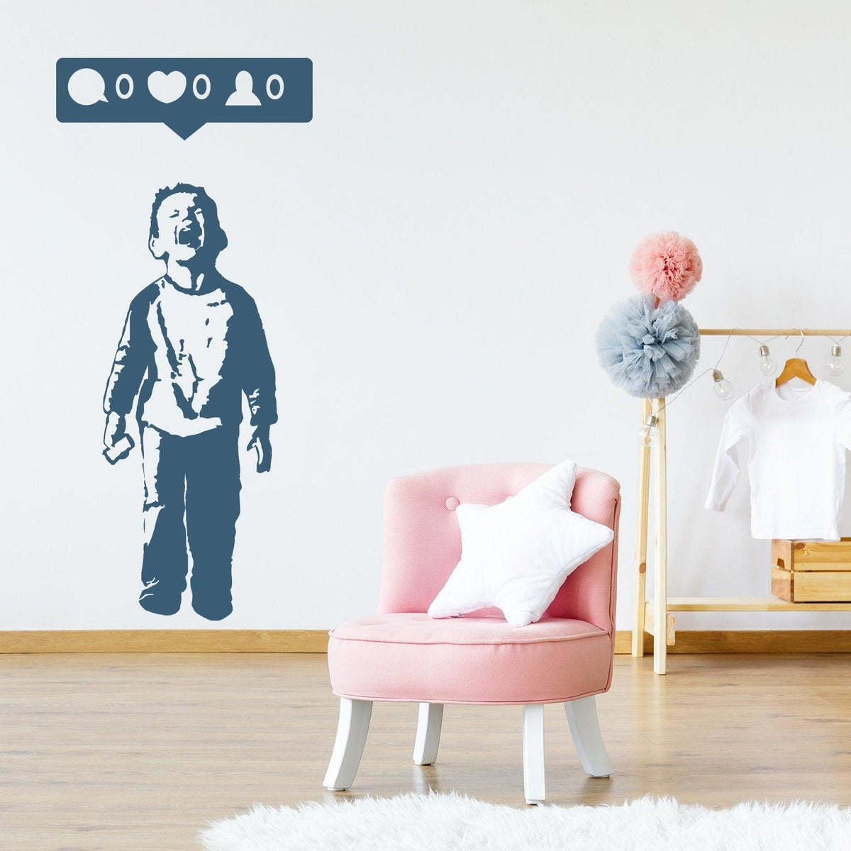 Crying boy with cellphone street art wall sticker in a stylish room.