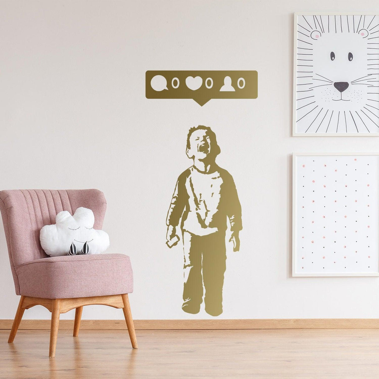 Crying boy with cellphone wall sticker on a white wall.