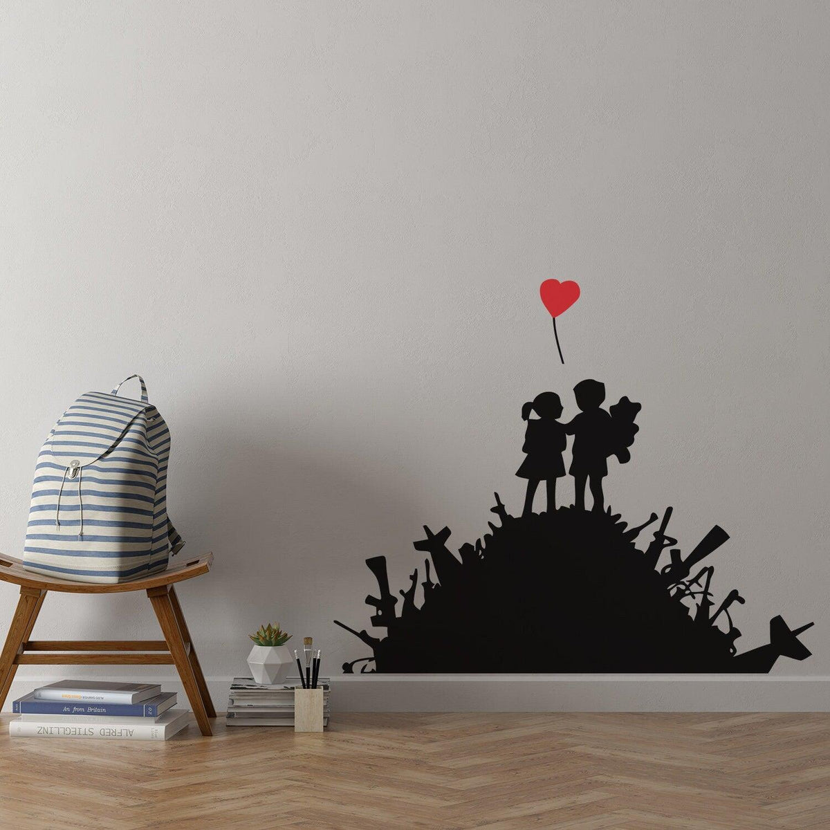 Boy and girl wall sticker design with a heart-shaped balloon.