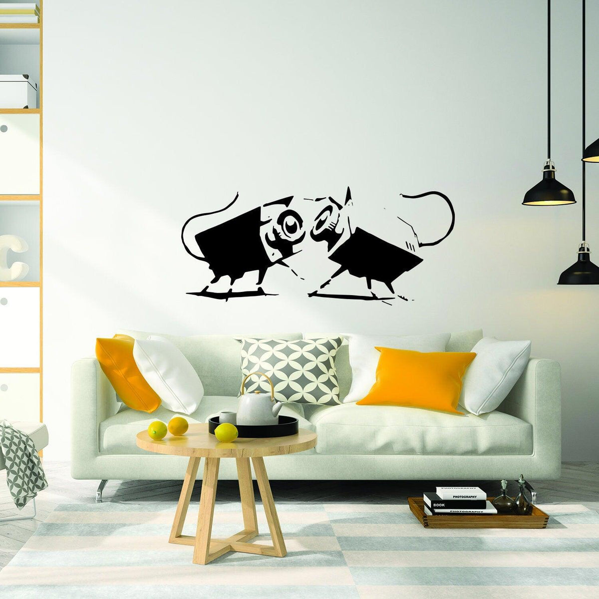 Black-and-white CCTV street art wall sticker in a modern living room.