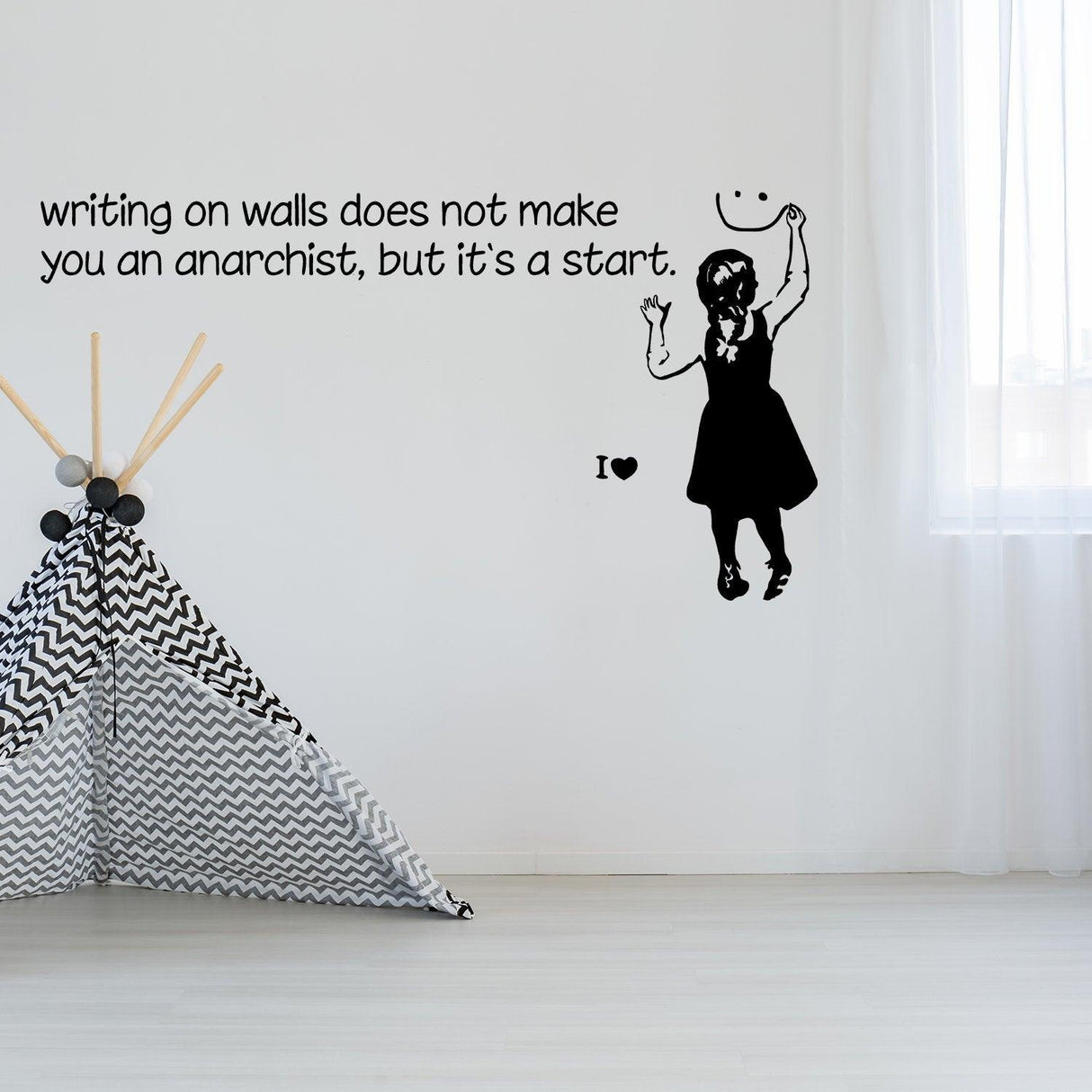 Girl anarchist wall sticker with a smiley-face sign in a modern room.