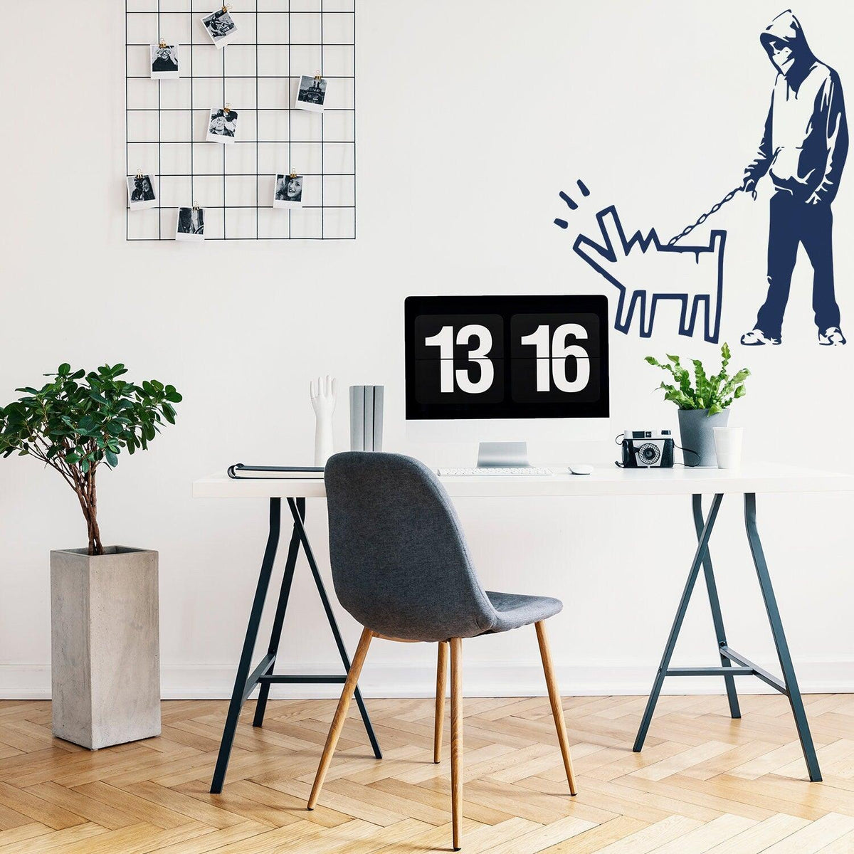 Person walking a dog wall sticker in a modern office.