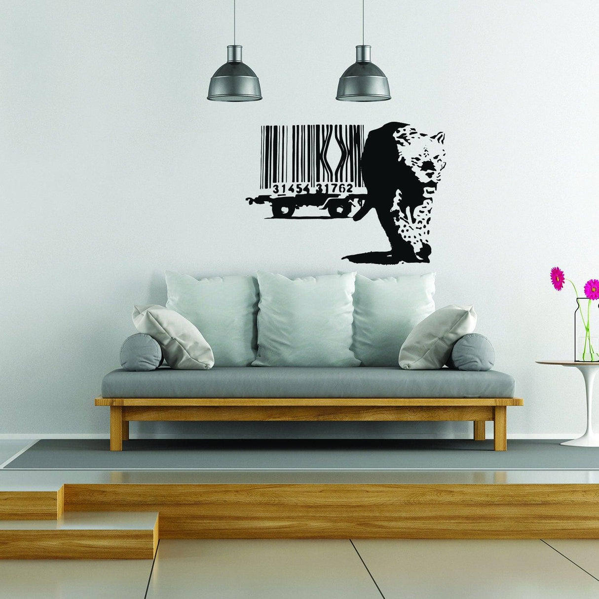 Leopard barcode wall sticker above a sofa in a modern living room.