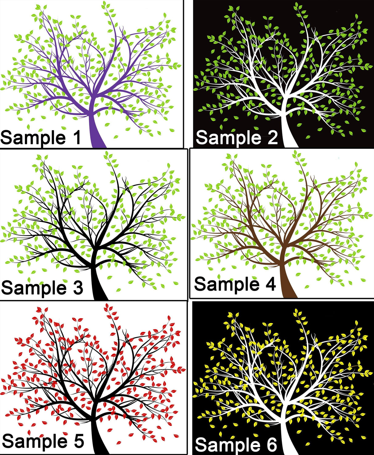 Various tree decal designs in multiple colors with leaves.