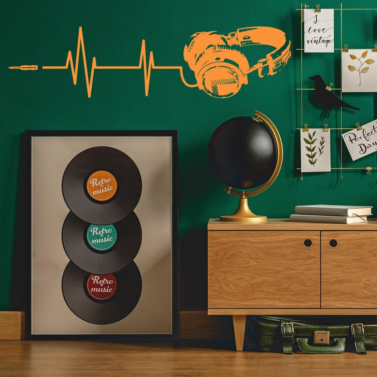 Headphone vinyl wall sticker design with soundwave, retro music vinyls, and modern decor in a stylish room.