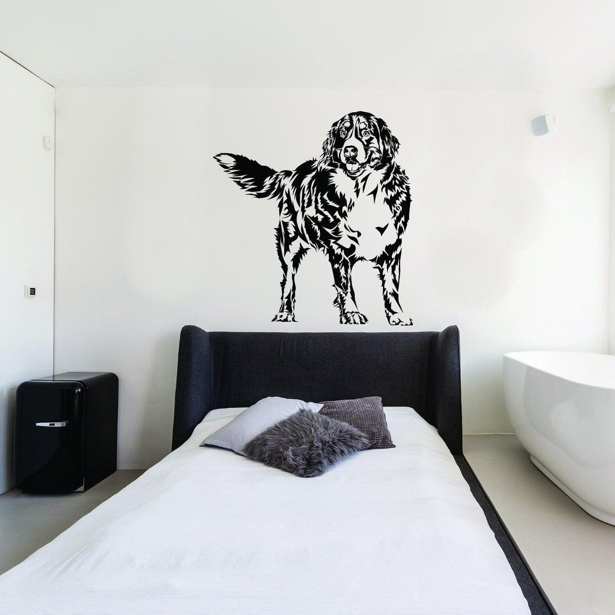 Custom wall decal of a dog in a modern bedroom, showcasing a personalized pet portrait.