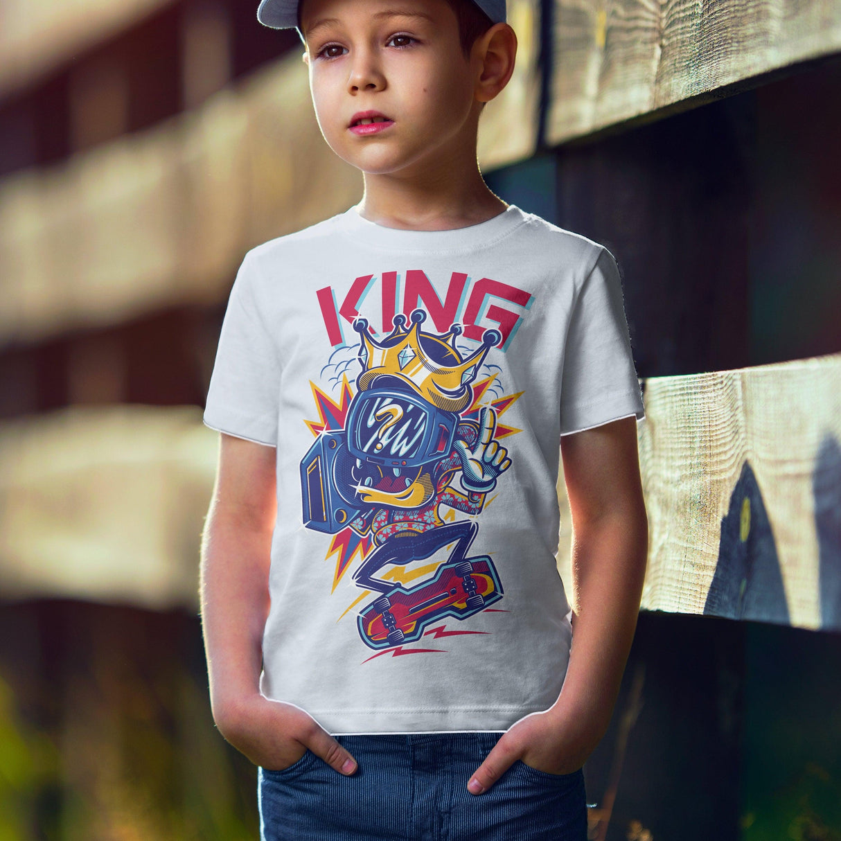 Мальчик в белой футболке с цветной надписью KING.