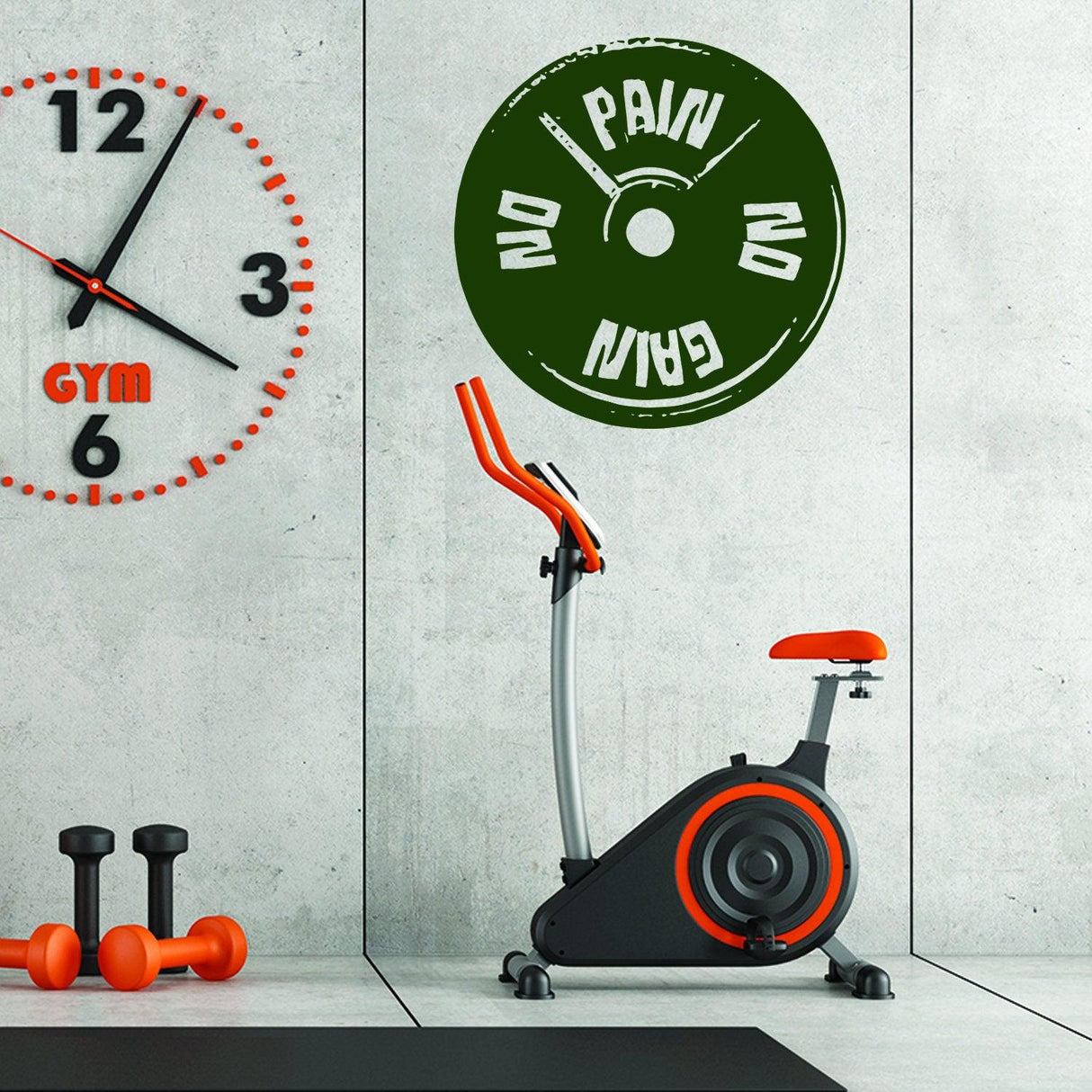 Fitness gym decor featuring a motivational 'No Pain No Gain' vinyl decal on a workout wall with exercise bike.