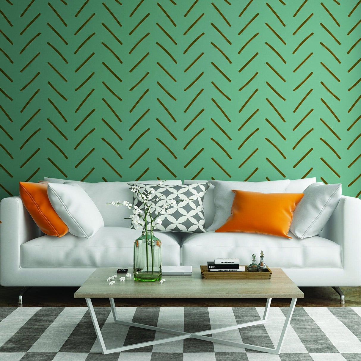 Stylish living room featuring herringbone wallpaper in green and black, modern sofa with decorative pillows.