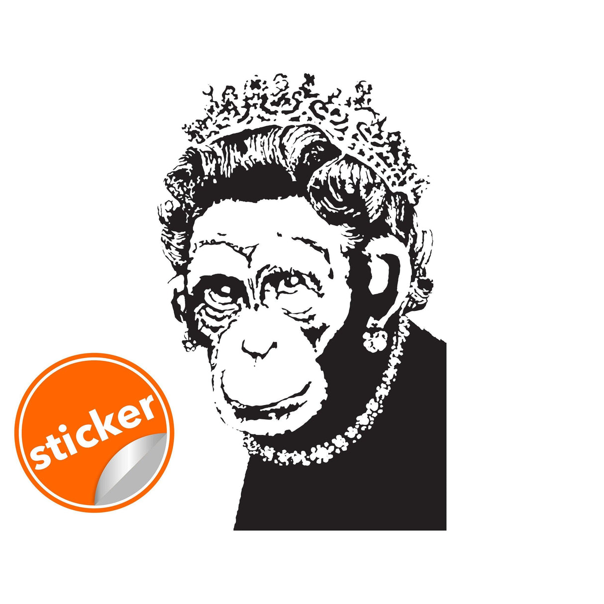 Monkey queen wall sticker with a crown and pearl necklace.