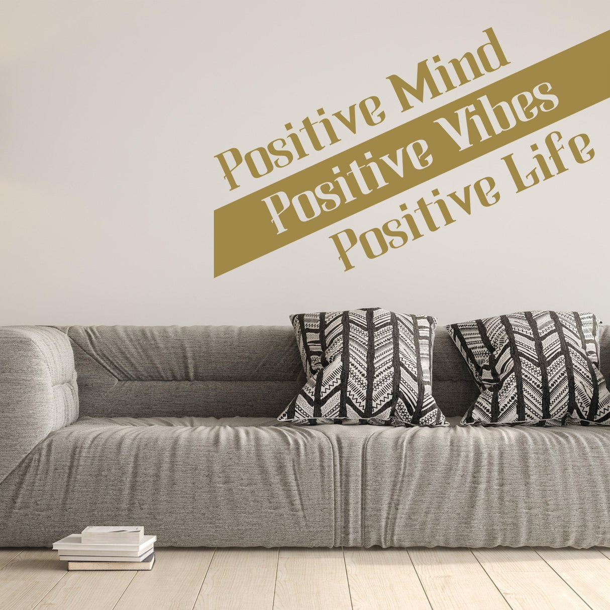 Positive Mind, Positive Vibes quote wall decal shown in an interior.