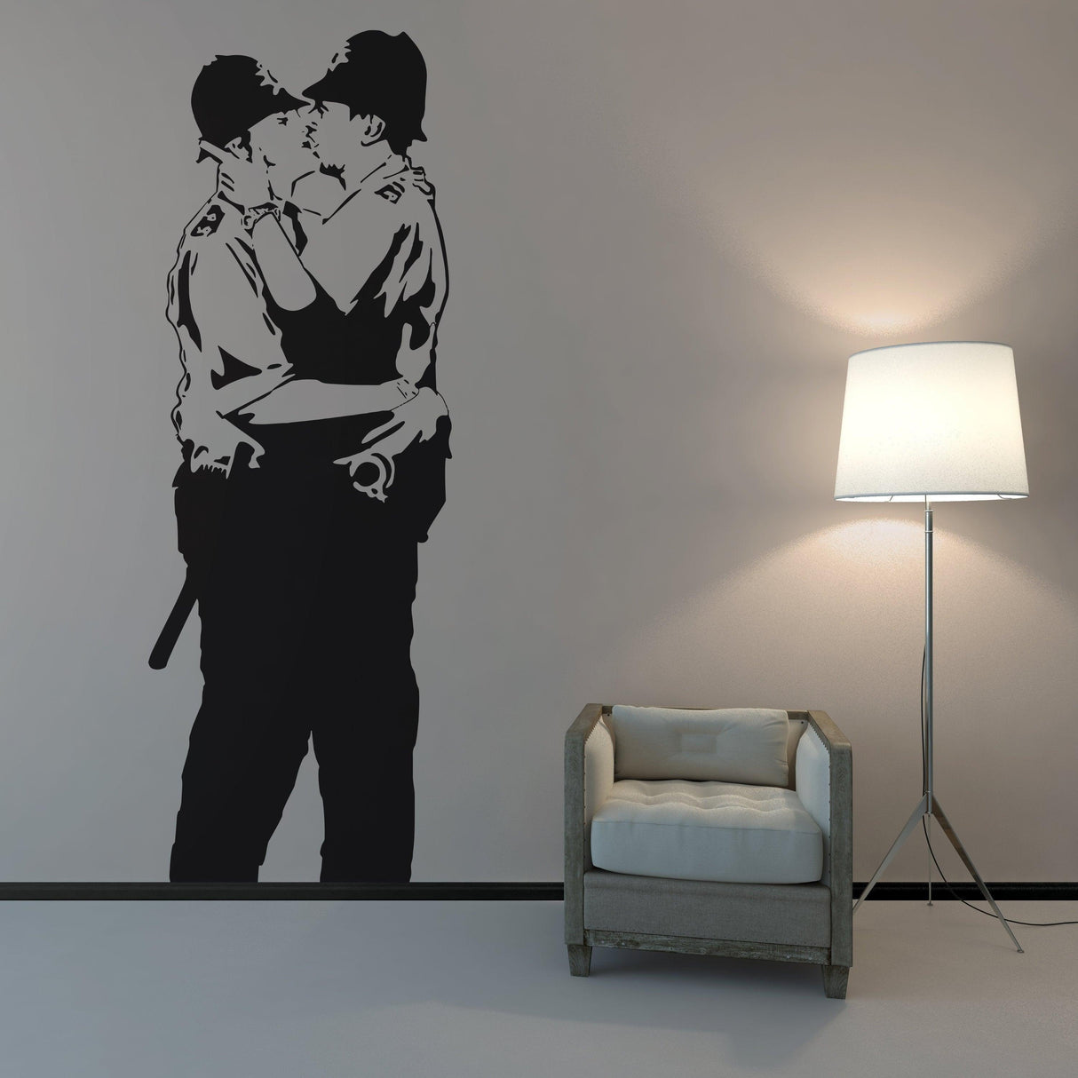 Police kissing wall sticker displayed in a modern living room.