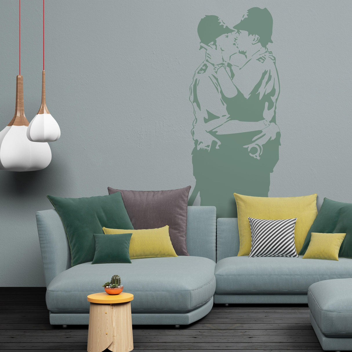 Police kissing wall sticker in green in a modern living room.