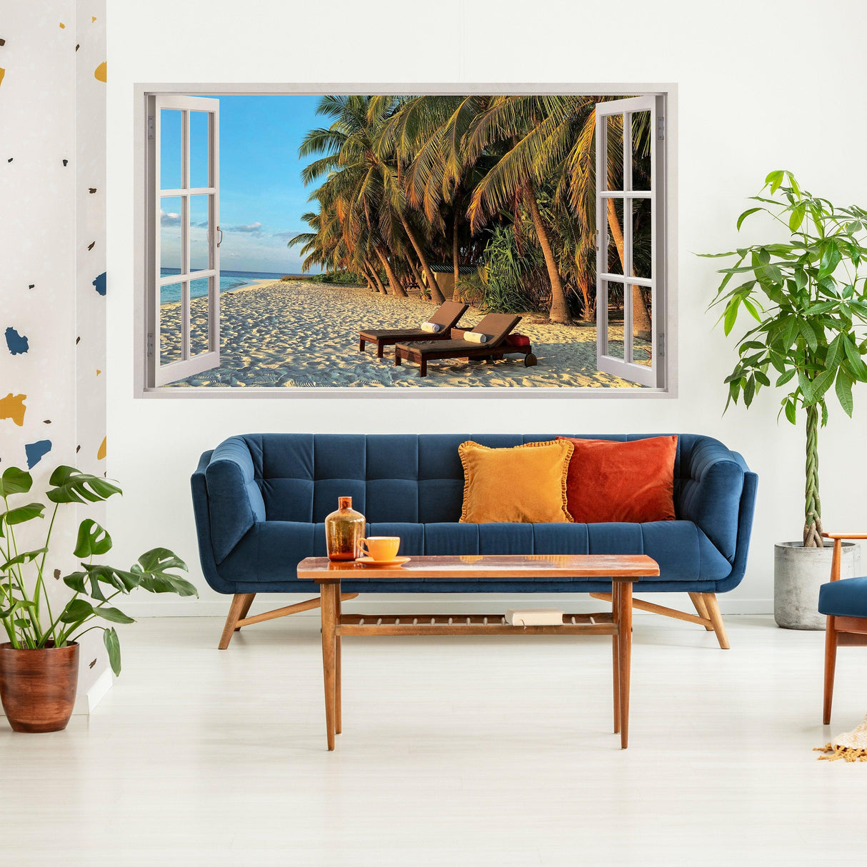 3D window beach view wall sticker depicting palm trees and sandy beach.