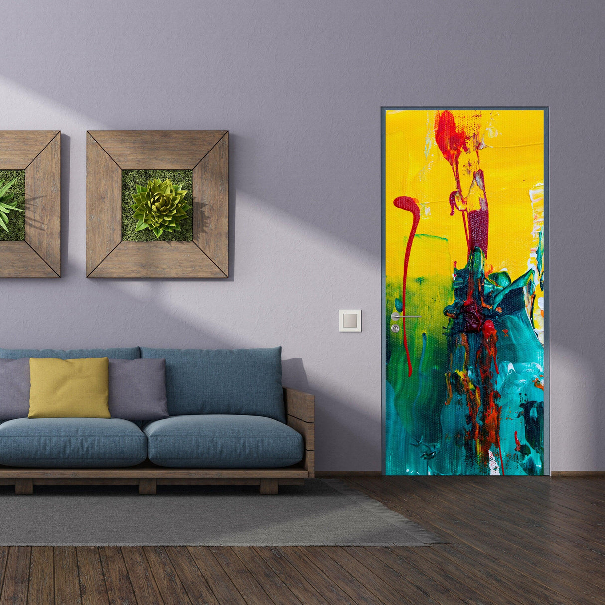 3D door cover sticker featuring abstract wallpaper design in a modern living room setting.