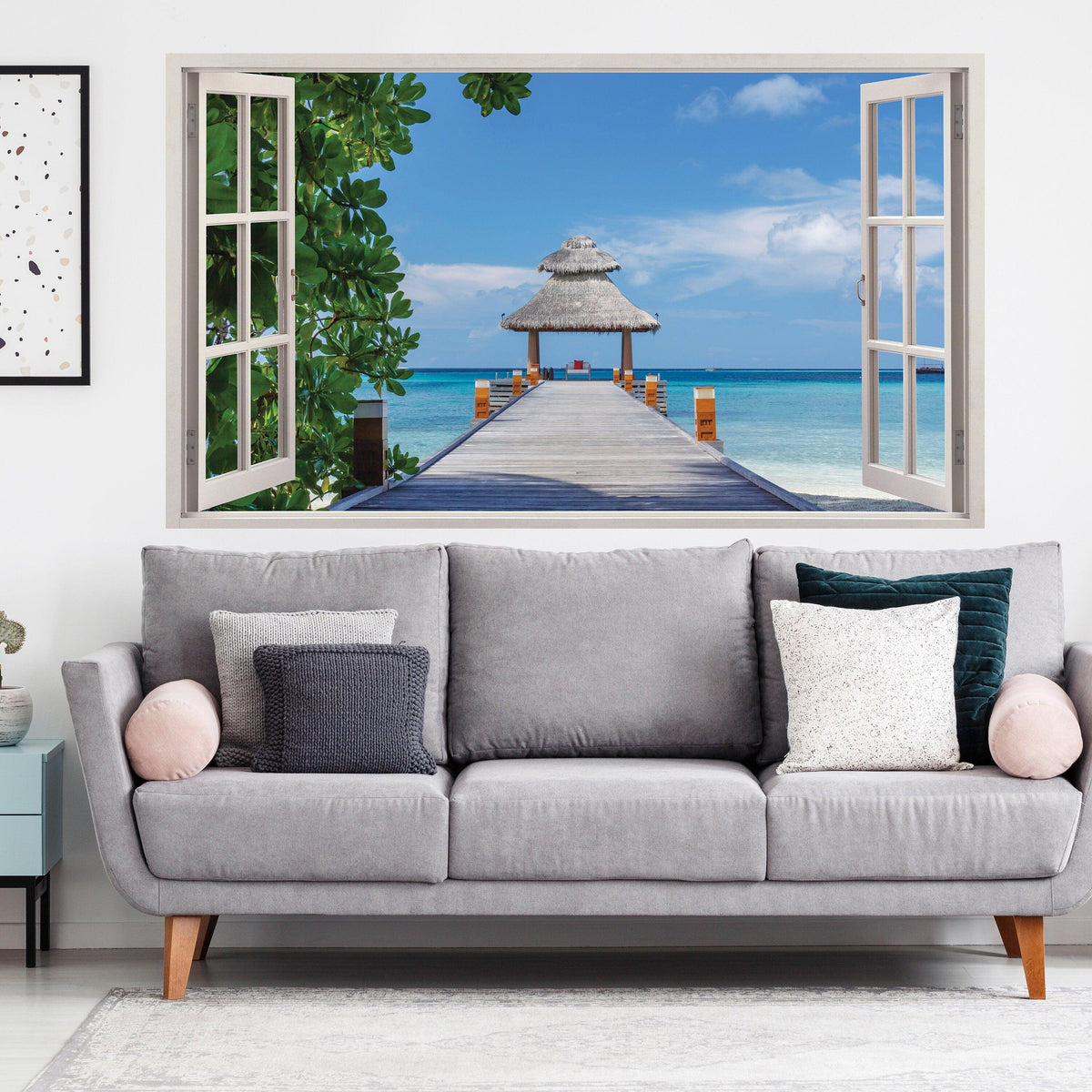 3D window beach view wall sticker featuring a tranquil ocean scene.