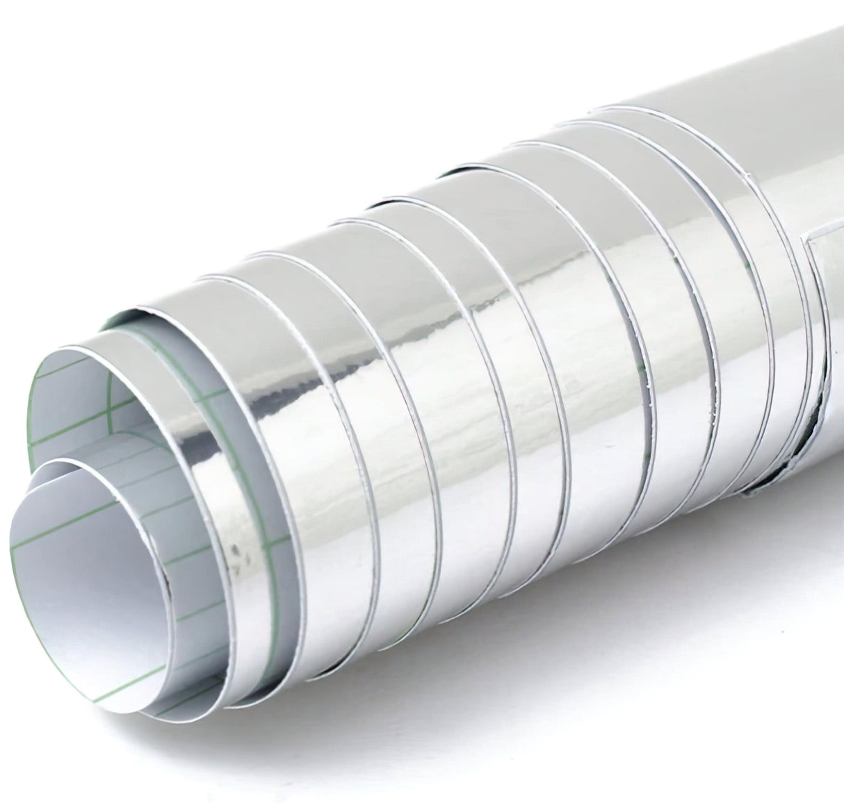 Silver chrome interior vinyl sticker wrap roll showcasing a sleek and shiny self-adhesive metallic film.