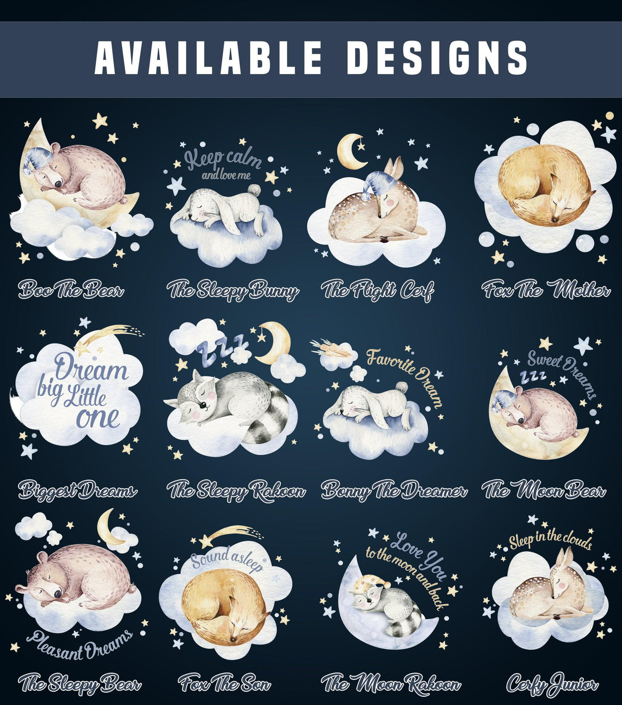Colorful wall decor sticker designs featuring dreamy animals, clouds, and stars for nursery decoration.
