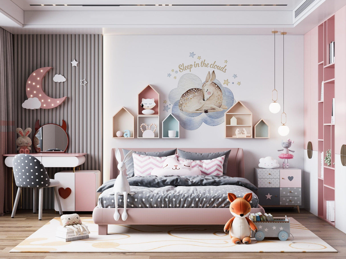Cozy baby nursery featuring wall decor sticker with clouds, moon, stars, and cute animals.