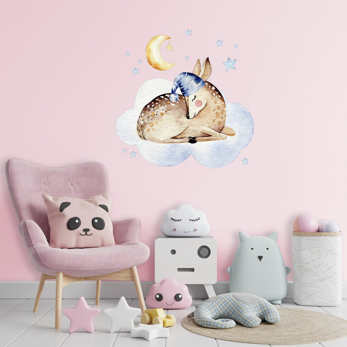 Dreamy baby wall sticker featuring a sleeping deer on a cloud.