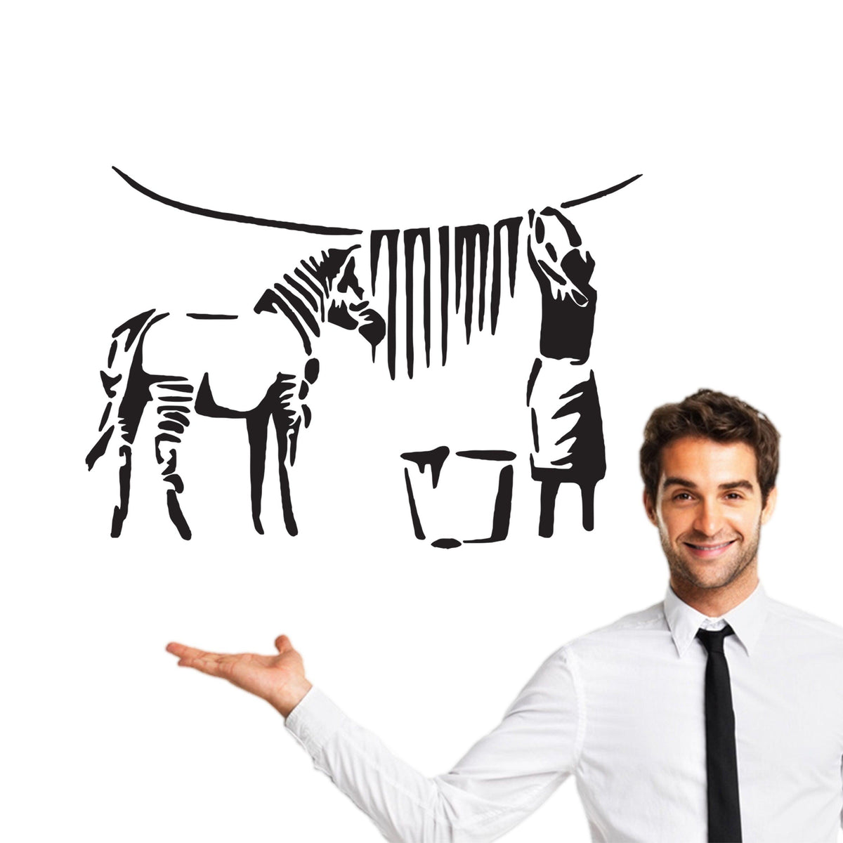 Banksy zebra stripes wall decal featuring a playful zebra and laundry scene.