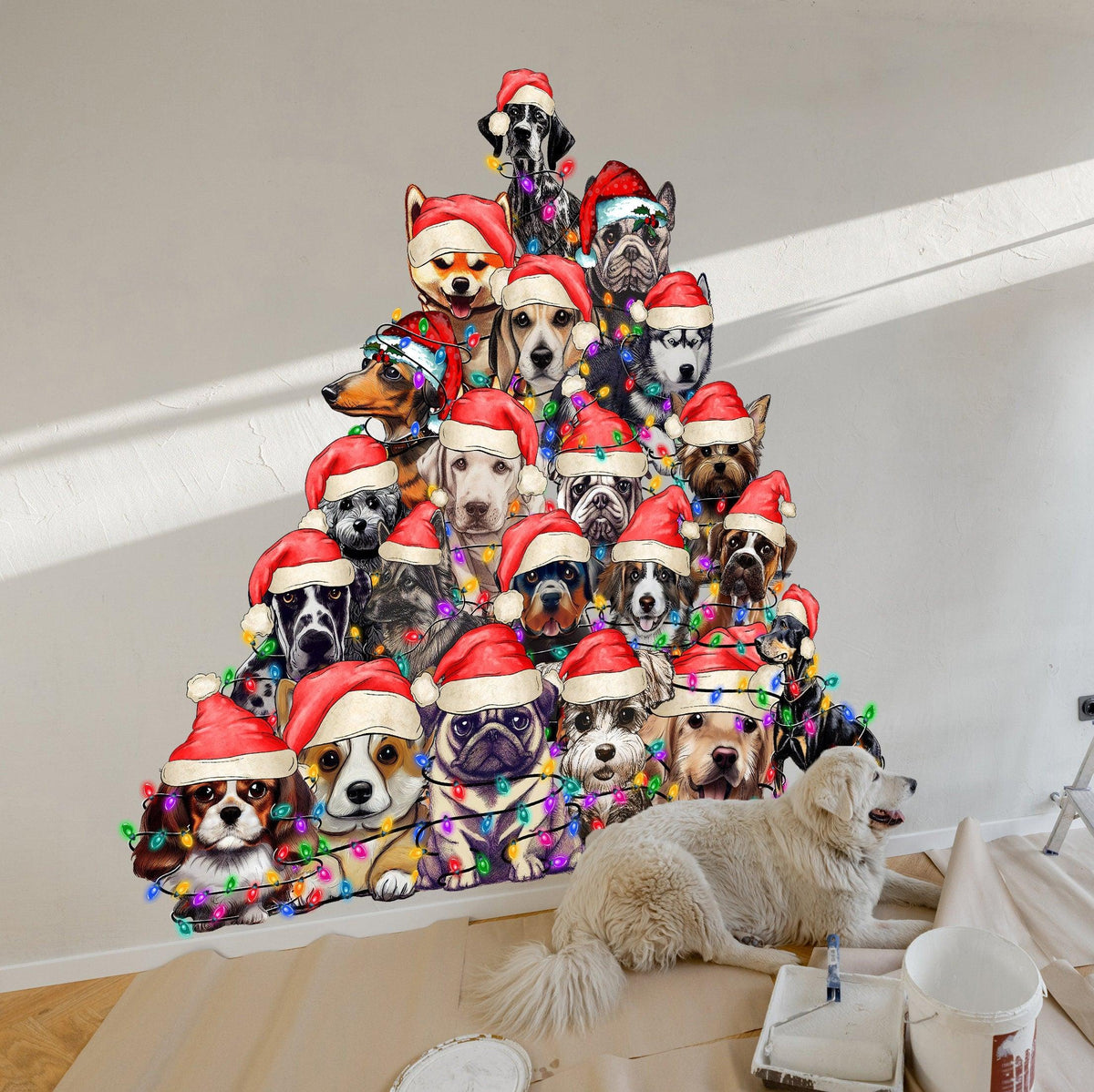 Funny Christmas tree wall sticker featuring playful dogs in Santa hats and Christmas lights.