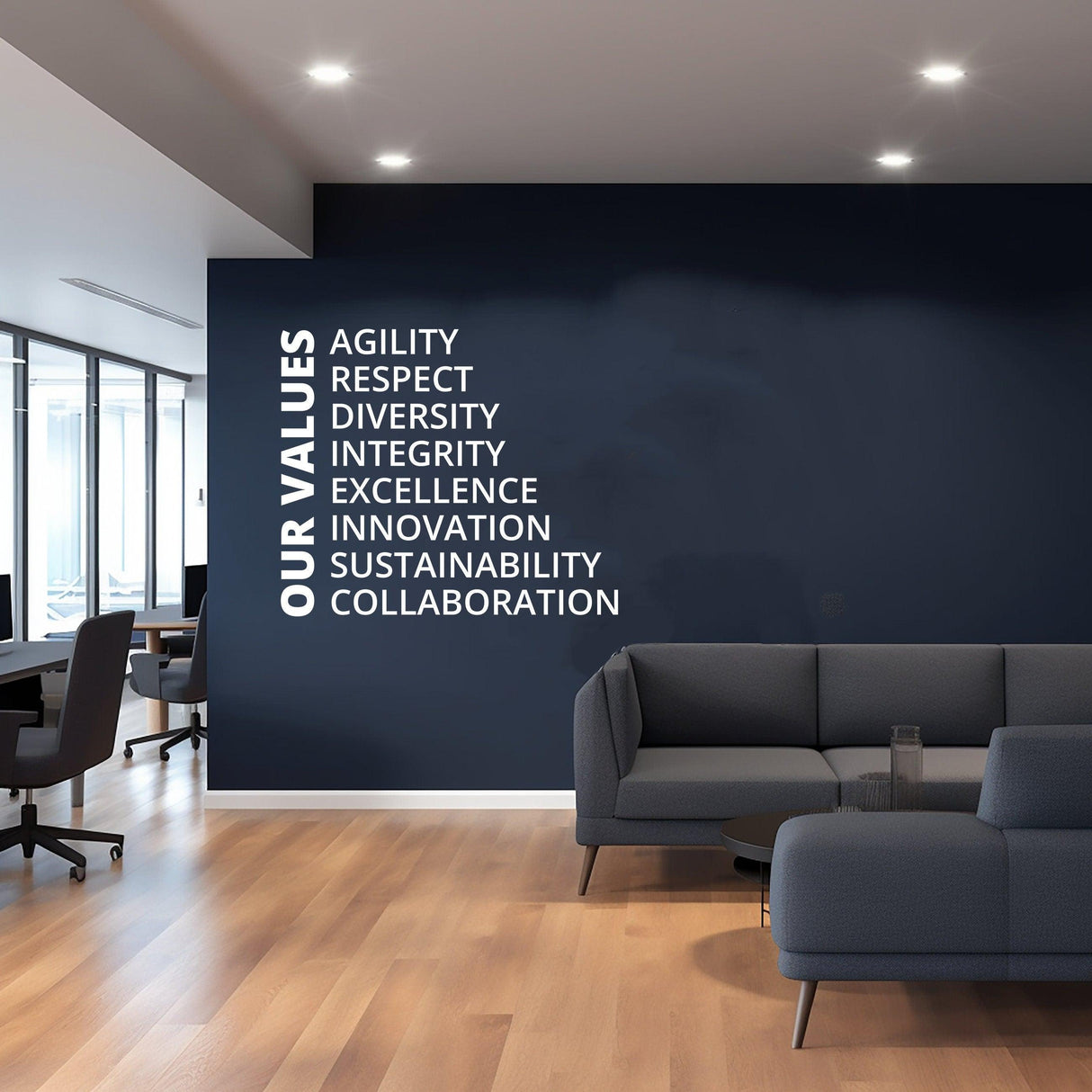 Inspirational office wall decal showcasing values: Agility, Respect, Diversity, Integrity and Excellence and Innovation.