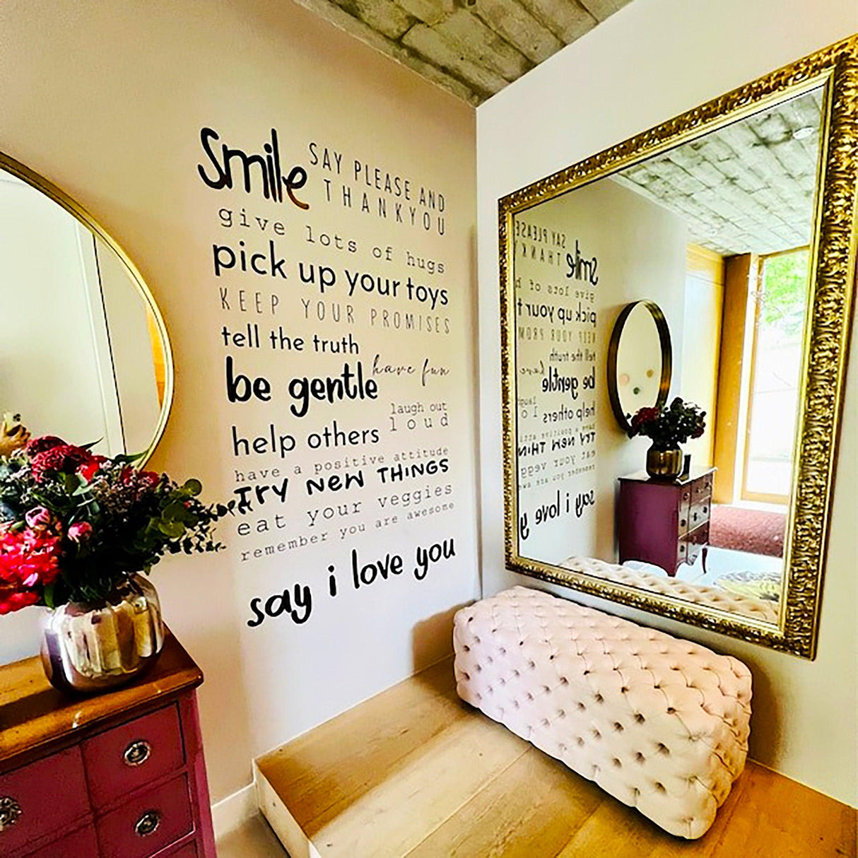Inspirational wall sticker with positive quotes in a stylish home setting, enhancing decor and uplifting mood.