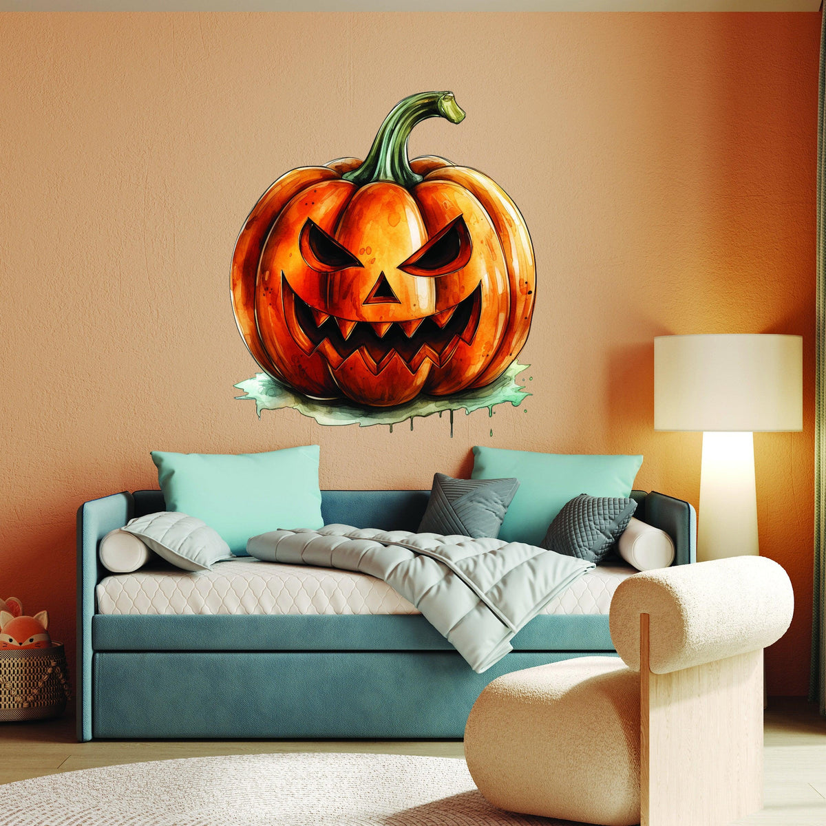 Orange pumpkin face vinyl wall decal displayed in a living room.