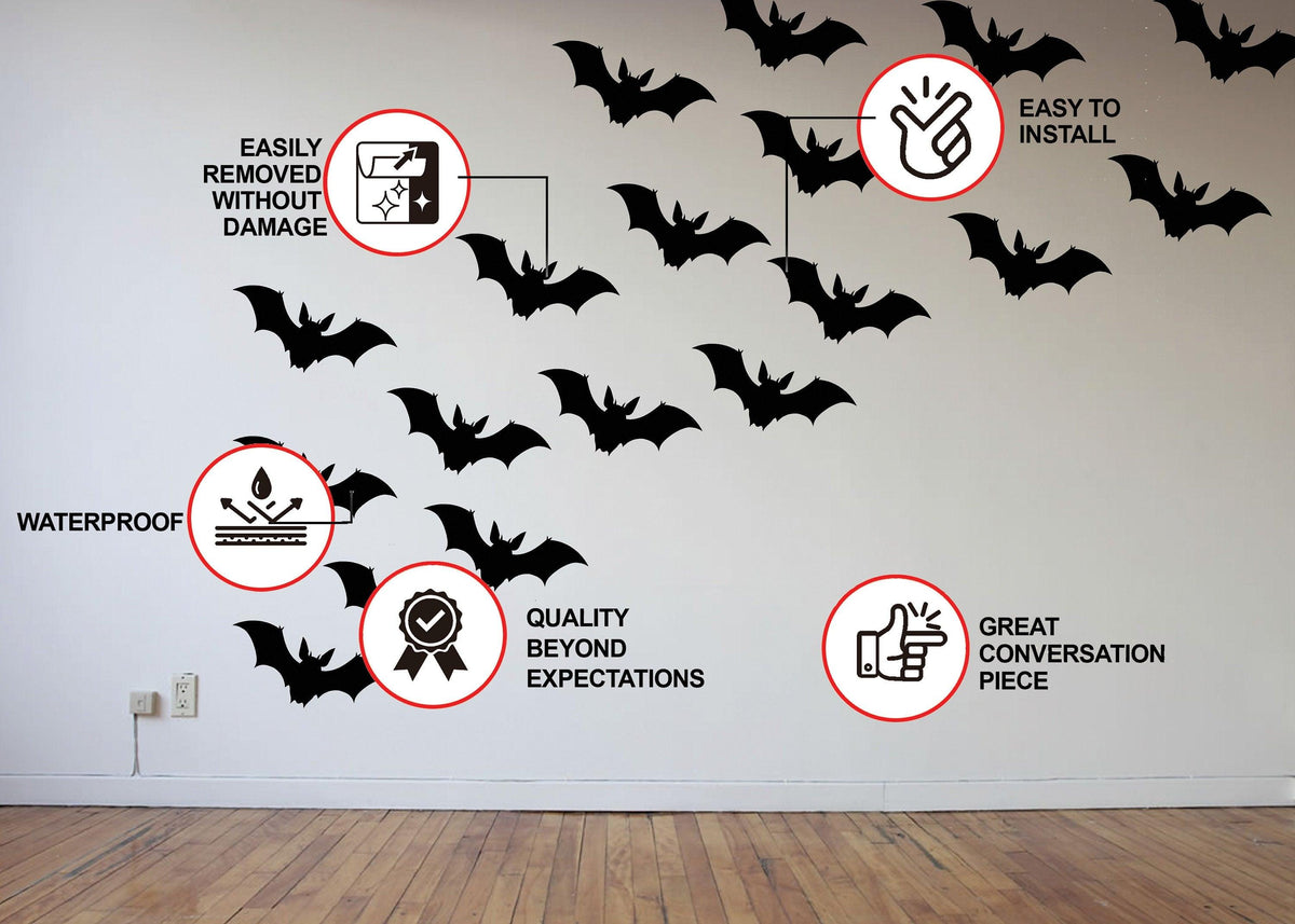 Product features graphic for 25 Halloween bat window decals.