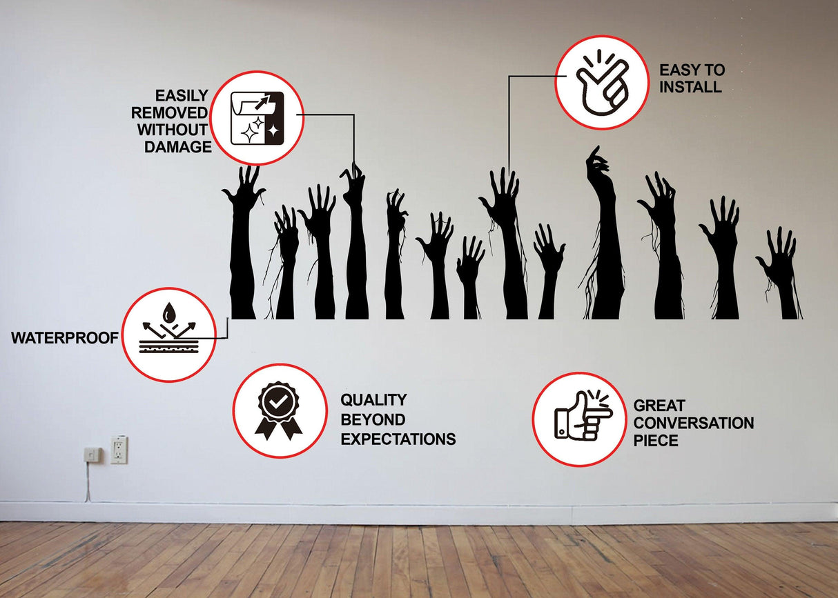 Hand silhouette vinyl decal set with product features and installation information.