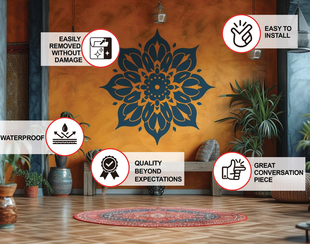 Elegant mandala wall sticker product features graphic.