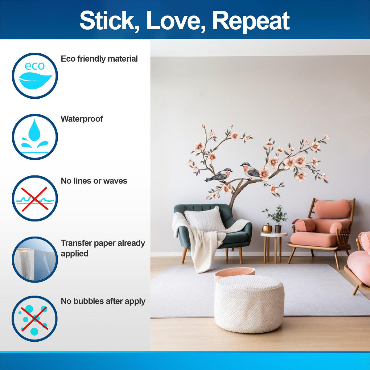 Tree with Blossom Flowers and Birds Wall Sticker displayed in a room setting.
