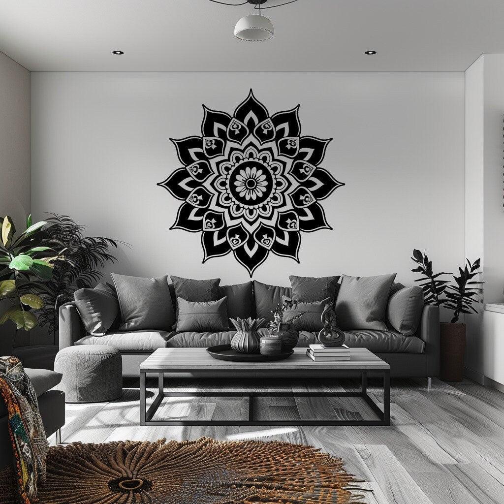 Sacred Geometry Mandala wall art decal in a modern living room.