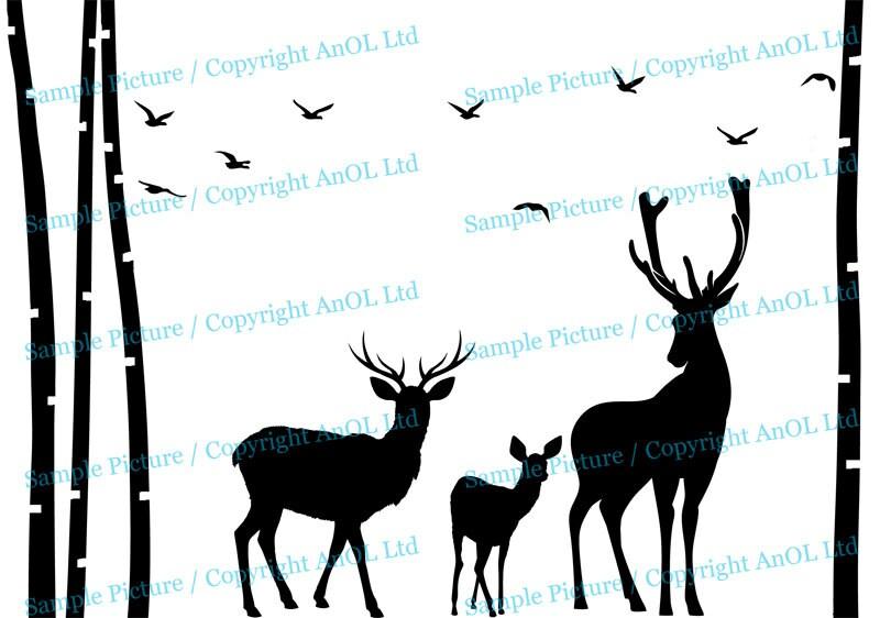 Silhouette of deer and fawn amidst trees and birds.