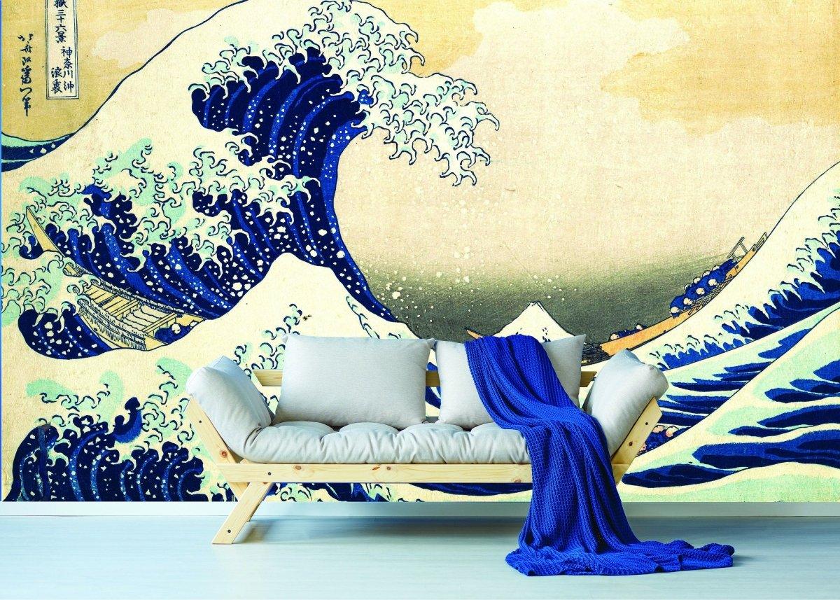 Ocean Serenity Wall Art Decal featuring Kanagawa Wave design, enhancing a cozy living space with tranquility.