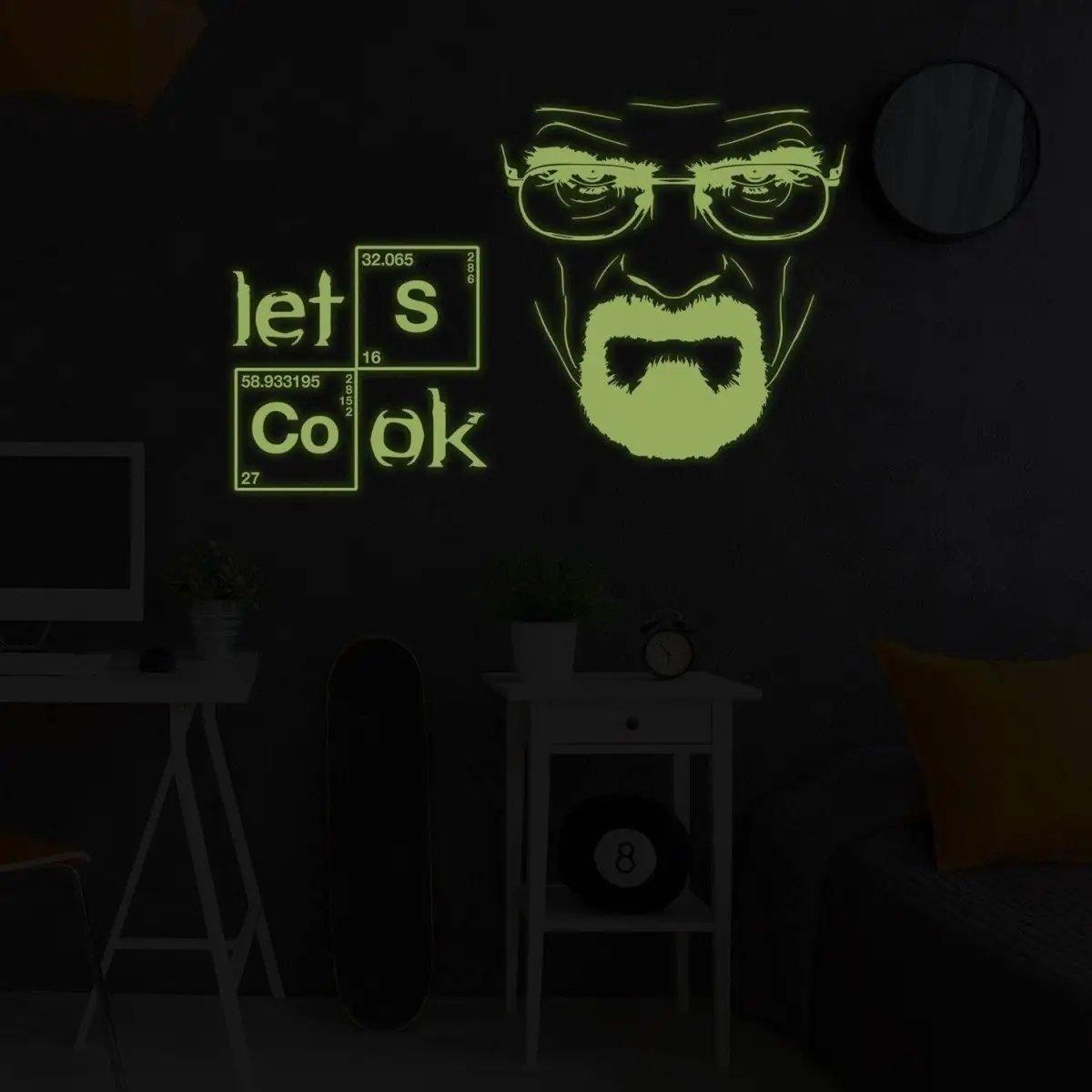 Glow-in-the-dark chemistry kitchen wall decal featuring a Let's Cook quote and character design.