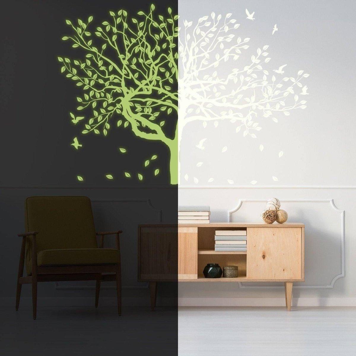 Glow-in-the-dark forest wall decal showcasing luminescent tree and leaves in a stylish home interior.