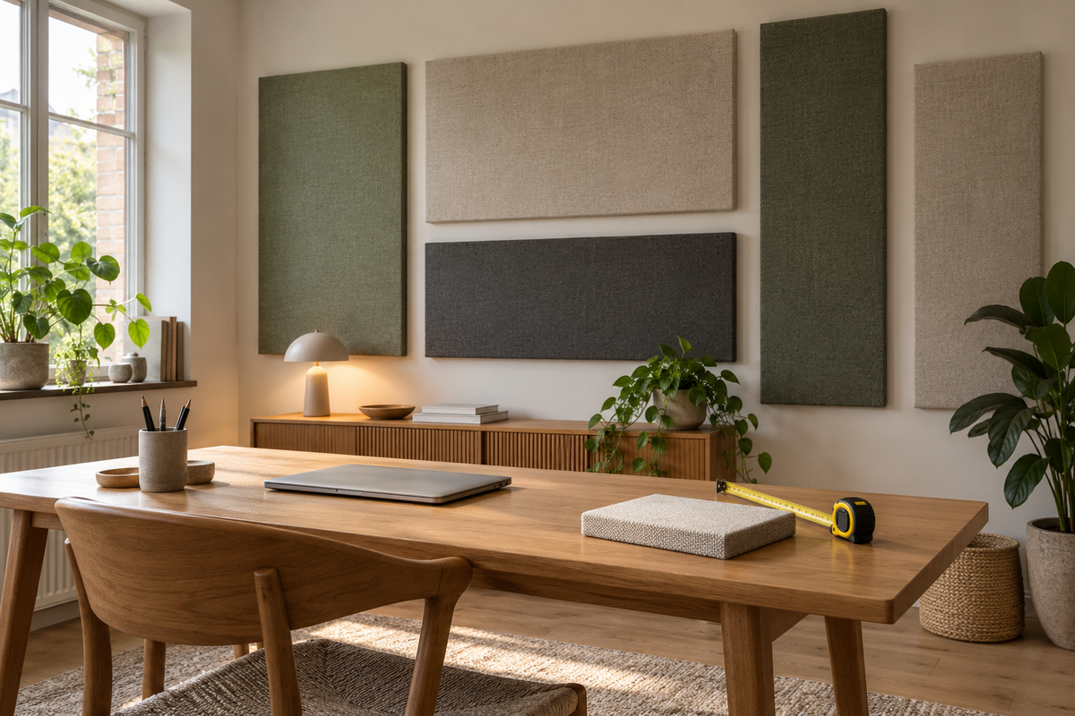 Home office with oatmeal, sage and charcoal fabric acoustic panels above an oak desk, with a panel sample and measuring tape