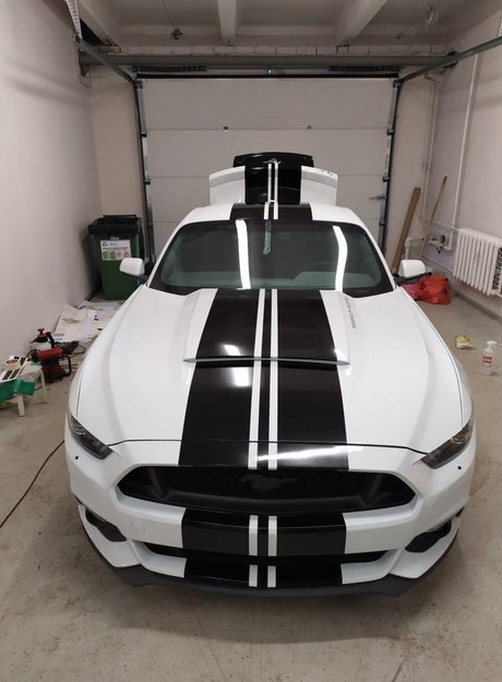 White vehicle with clean black vinyl stripe graphics applied to the body