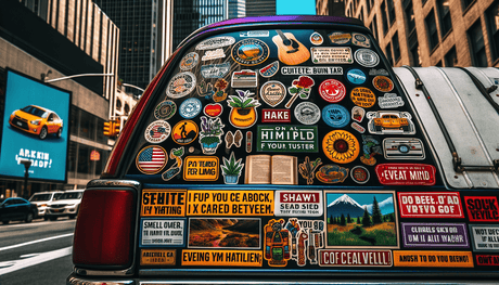 Depict a scene showing the rear side of a vibrant, customized car. The focus should be on various curated bumper stickers. Each sticker portrays a unique message relating to diverse hobbies, such as h