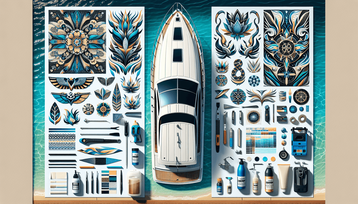 An intricate guide on boat decal customization. The image should depict an array of different designs, patterns and colors for boat decals. On one side of the image, there should be a pristine white y
